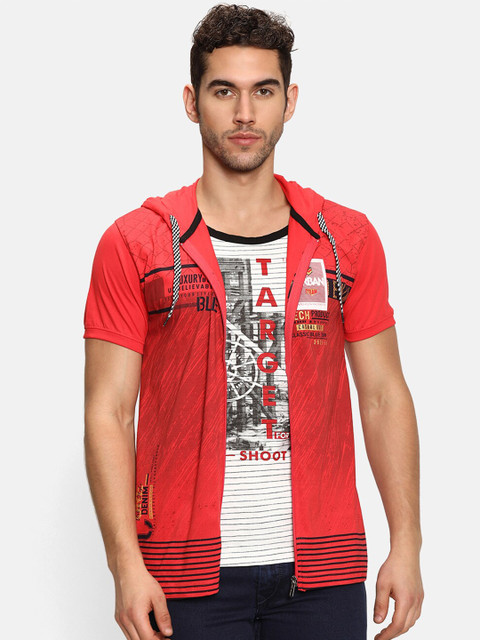 

V2 Value & Variety Men Red Typography Printed Cotton Front Zip T-shirt