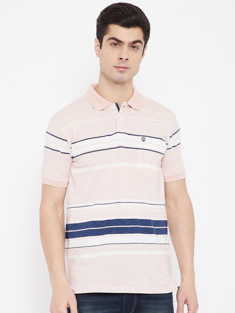 

Duke Men Pink & Navy Blue Striped Cotton Polo Collar T-shirt