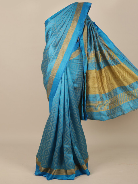 

Pothys Blue & Gold-Toned Abstract Zari Jute Silk Saree