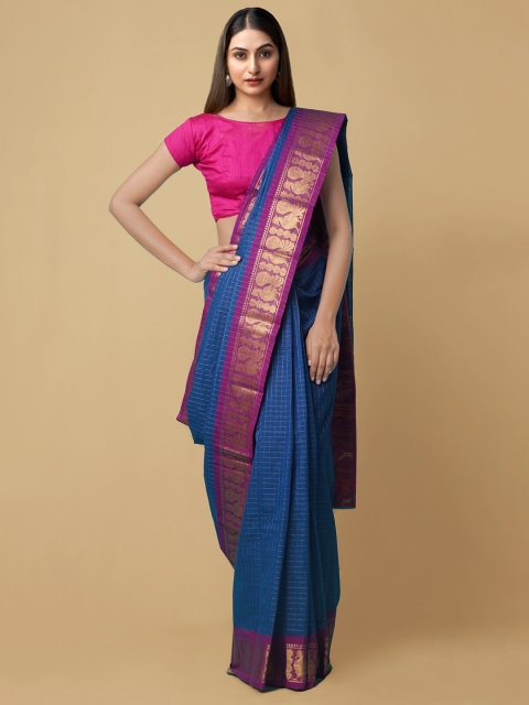 

Unnati Silks Blue & Pink Zari Pure Cotton Mysore Silk Saree