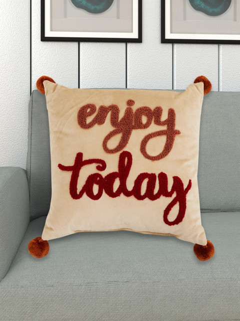 

Home Centre Beige & Red Gtl Appliqued Velvet Filled Cushion