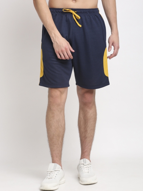 

GRIFFEL Men Navy Blue & Yellow Colourblocked High-Rise Sports Shorts