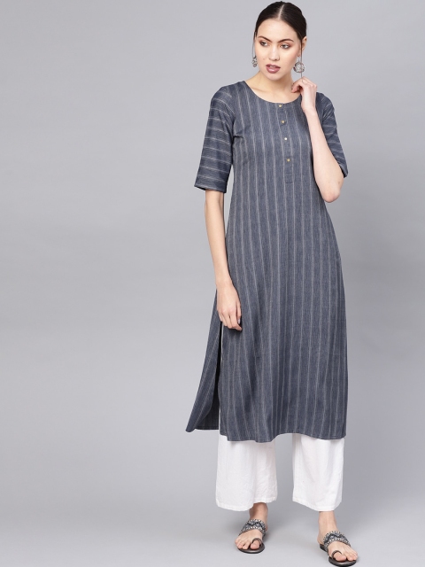 

GERUA Women Blue Striped Thread Work Kurta