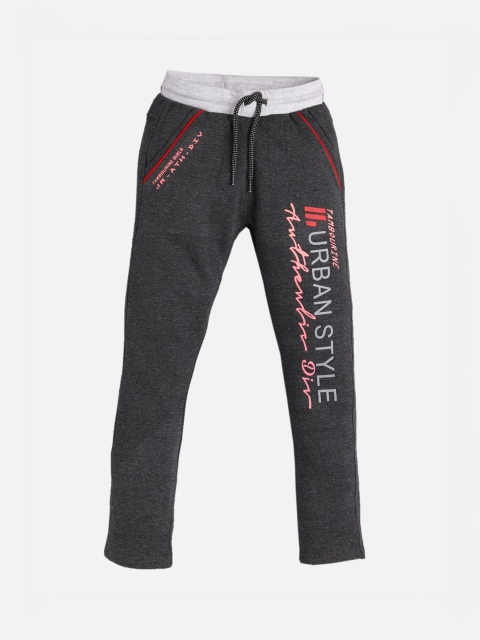 

TAMBOURINE Boys Charcoal Grey Typography Printed Straight-Fit Pure Cotton Track Pants