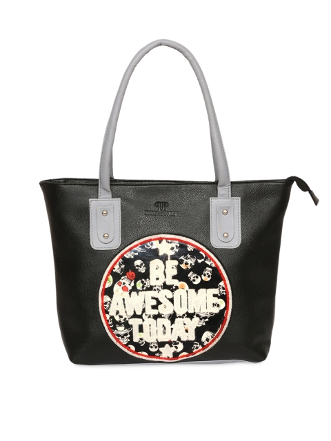 

Pink Potato Black Structured Patch Work Shoulder Bag with Applique
