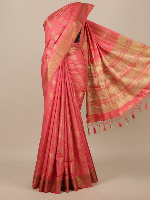

Pothys Pink & Gold-Toned Floral Zari Jute Silk Saree
