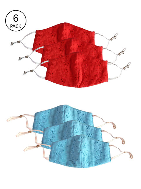 

BELLOFOX Triple Layer Cotton Red and Aqua Color Chikan Face Mask Set of 6, White