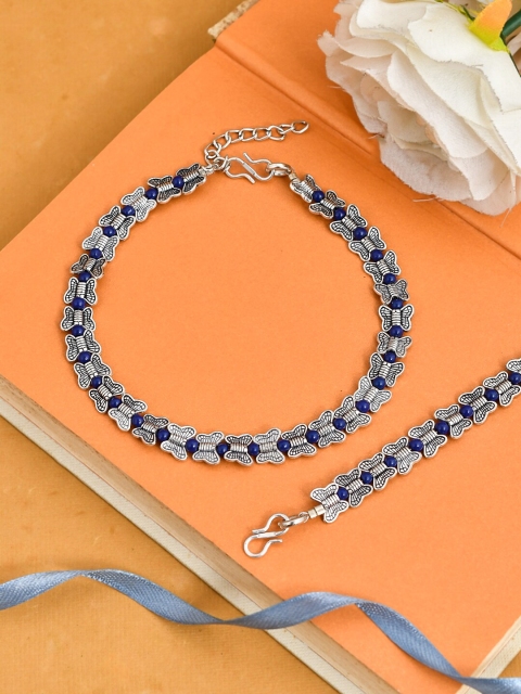 

Silvermerc Designs Set Of 2 Silver-Plated Blue Beaded Handcrafted Anklets
