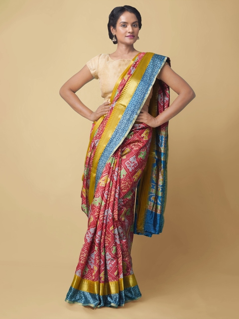 

Unnati Silks Red & Yellow Ethnic Motifs Zari Art Silk Patola Saree