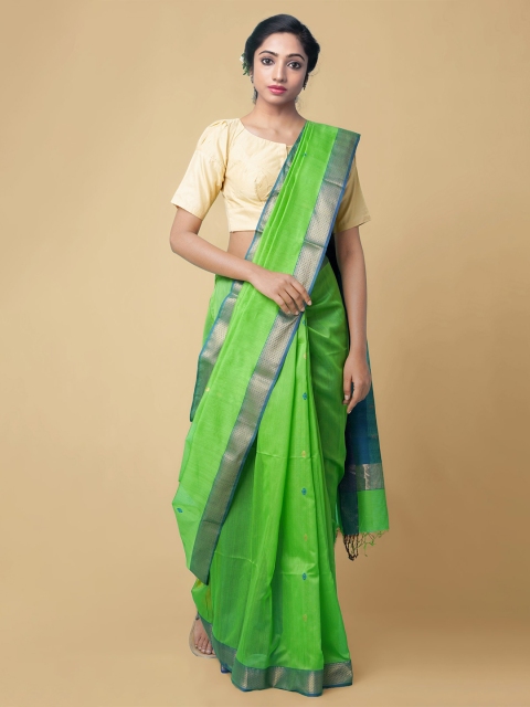 

Unnati Silks Green & Blue Woven Design Handloom Zari Silk Cotton Maheshwari Saree