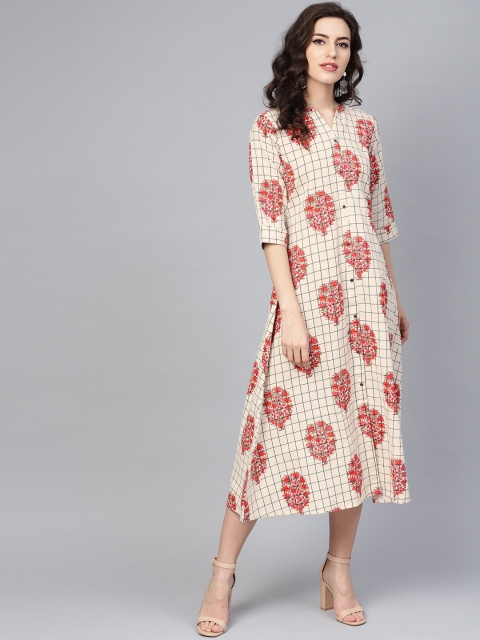

GERUA Cream Checked Cotton A-Line Midi Dress