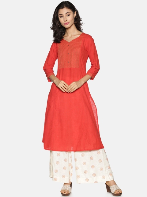 

Saffron Threads Women Orange Striped Pure Cotton Kurta with Palazzos