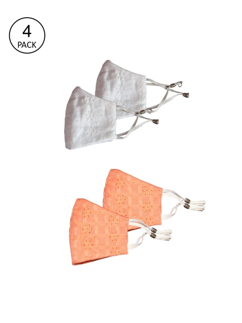 Bellofox White Set of 4 Chikan and Peach Chikan Face Mask