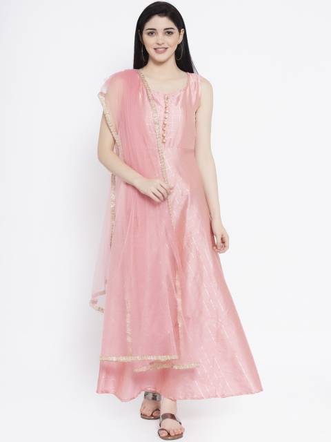 

studio rasa Women Pink Checked Kurta with Net Embellished Dupatta Set
