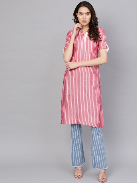 

Libas Women Pink Striped Thread Work Pathani Kurta