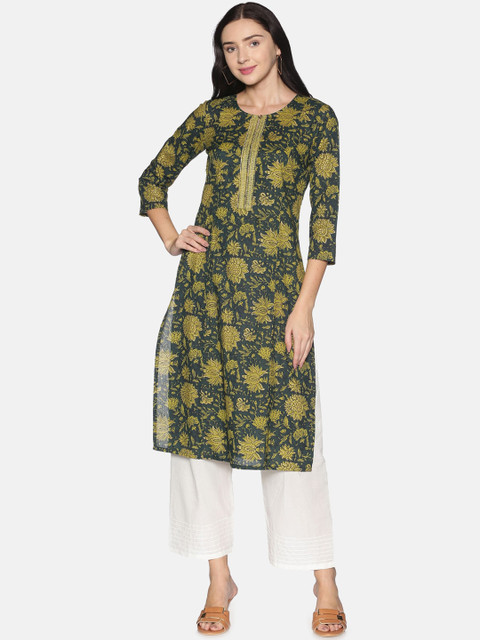 

Saffron Threads Women Green Printed Pure Cotton Kurti with Trousers
