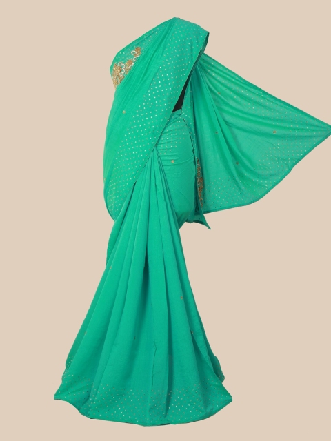 

Pothys Green & Gold-Toned Embellished Beads and Stones Jute Silk Saree