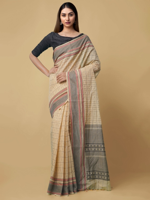 

Unnati Silks Cream & Black Woven Design Pure Cotton Handloom Saree