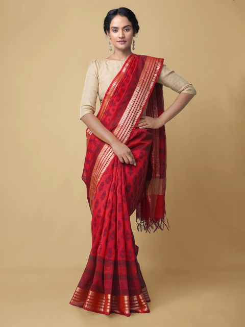 

Unnati Silks Red & Blue Ethnic Motifs Block Printed Silk Cotton Handloom Chanderi Saree