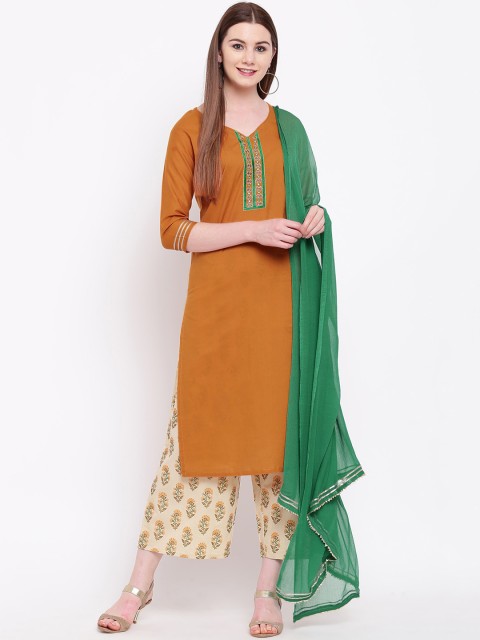 

Khushal K Women Mustard Yellow Pure Cotton Kurta with Palazzos & With Dupatta