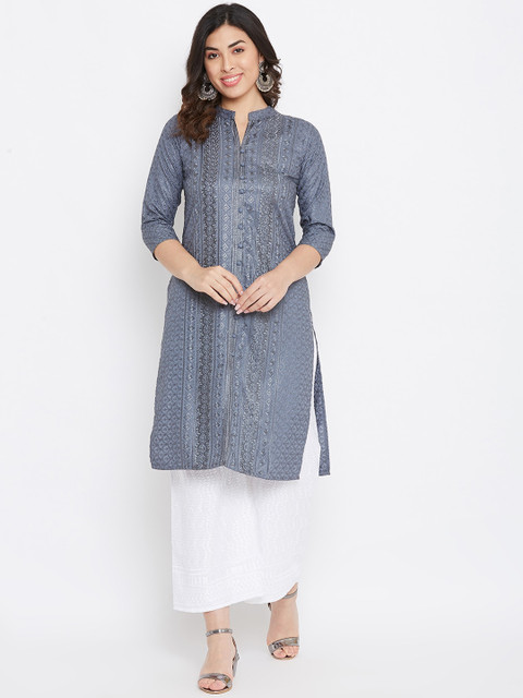

TULIP 21 Women Grey Ethnic Motifs Embroidered Chikankari Kurta with Palazzos