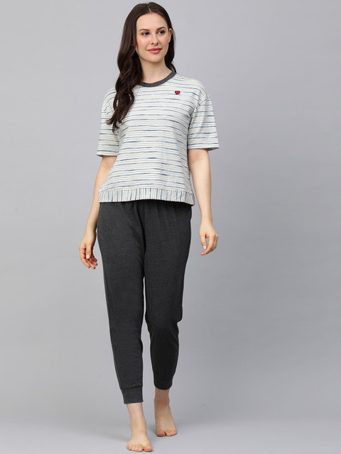 

Chemistry Women Grey & Blue Striped Night suit