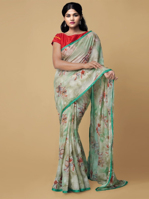 

Unnati Silks Green & Rust Red Floral Patola Saree