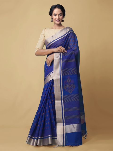 

Unnati Silks Blue & Gold-Toned Ethnic Motifs Zari Silk Cotton Chanderi Saree
