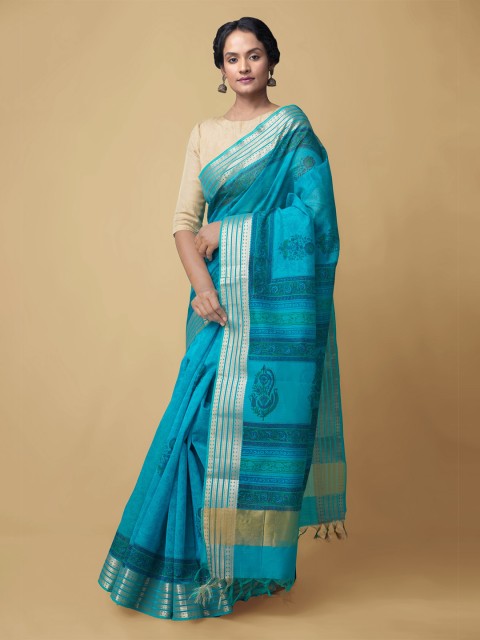 

Unnati Silks Turquoise Blue Block Printed Handloom Zari Chanderi Silk Cotton Saree