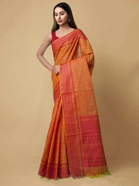 

Unnati Silks Orange & Pink Checked Pure Cotton Mysore Silk Saree