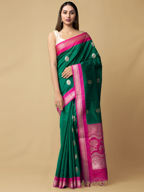 

Unnati Silks Green & Pink Woven Design Zari Silk Cotton Baluchari Saree
