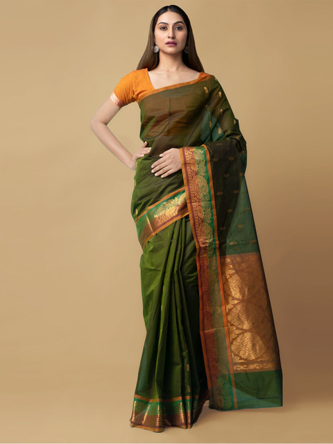

Unnati Silks Green Woven Design Zari Silk Cotton Handloom Venkatgiri Saree