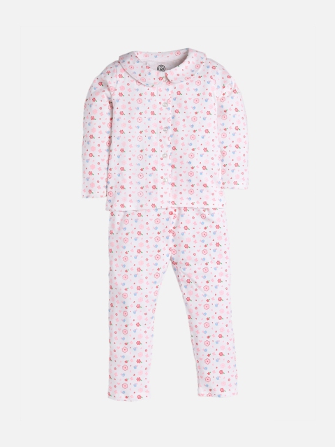 

TAMBOURINE Girls White & Pink Printed Night suit