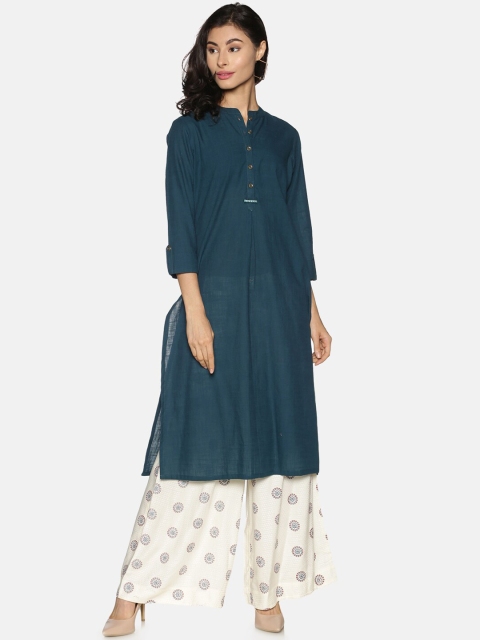 

Saffron Threads Women Teal Blue Ethnic Motifs Pure Cotton Kurta with Palazzos