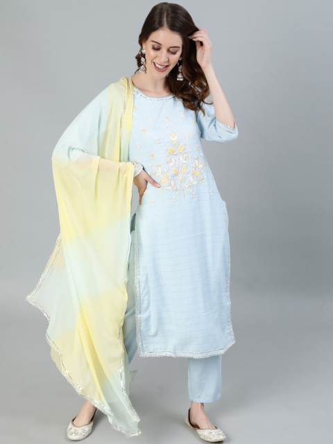 

Ishin Women Blue & Yellow Floral Embroidered Panelled Kurta with Trousers & Dupatta