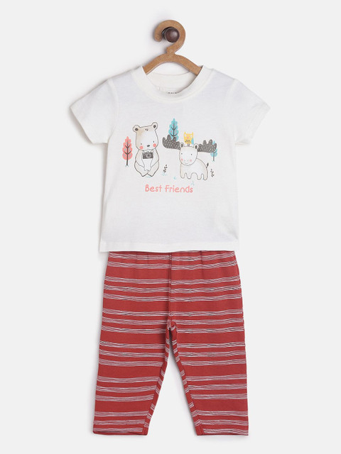 

MINI KLUB Boys White & Brown Printed Cotton T-shirt with Pyjamas