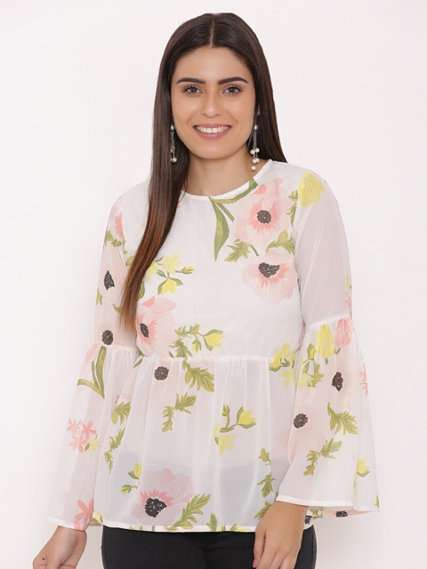 

Yaadleen Off White Floral Mandarin Collar Bell Sleeve Crepe Regular Top