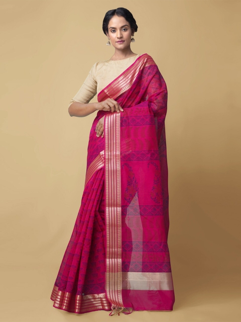 

Unnati Silks Pink & Blue Ethnic Motifs Zari Silk Cotton Chanderi Saree