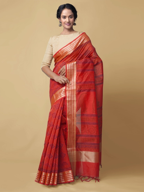 

Unnati Silks Women Red Pure Block Printed Chanderi Sico Sustainable Saree