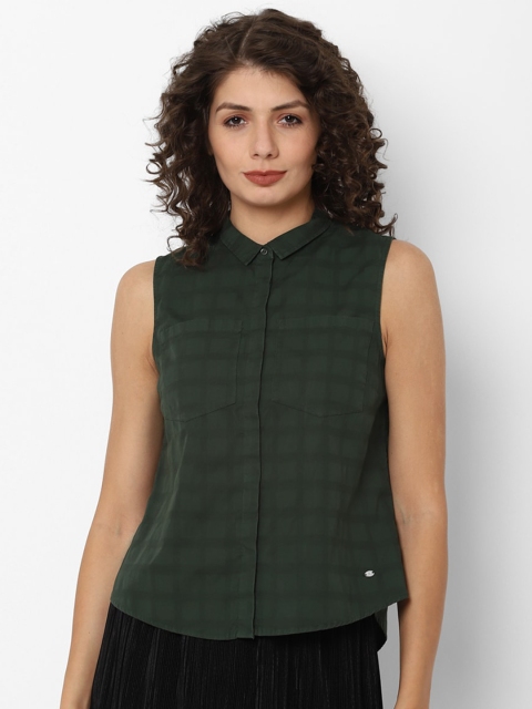 

Allen Solly Woman Green Checked Mandarin Collar Shirt Style Top