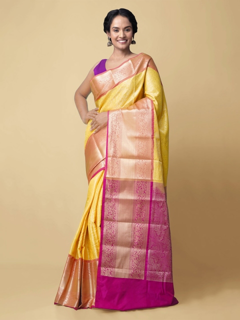 

Unnati Silks Yellow & Pink Ethnic Motifs Zari Silk Cotton Banarasi Handloom Saree