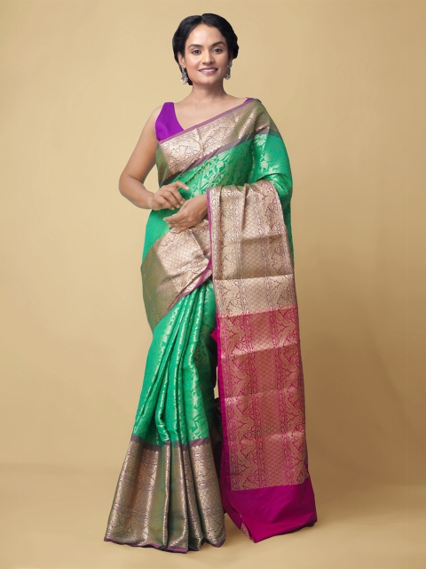 Unnati Silks Green & Purple Floral Handloom Zari Silk Cotton Banarasi Saree