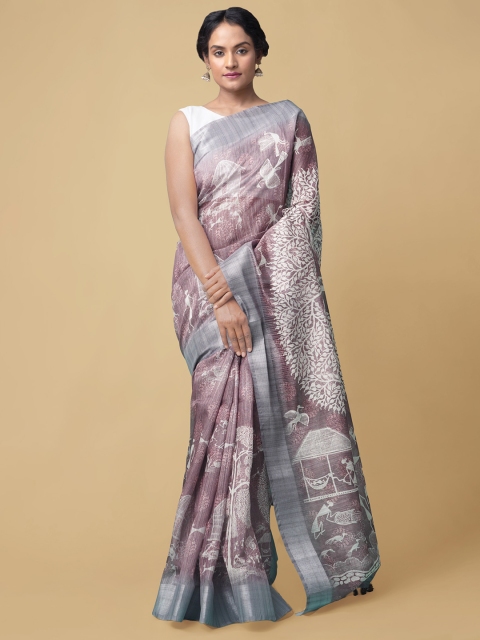 

Unnati Silks Pink & Grey Kalamkari Silk Cotton Chanderi Saree