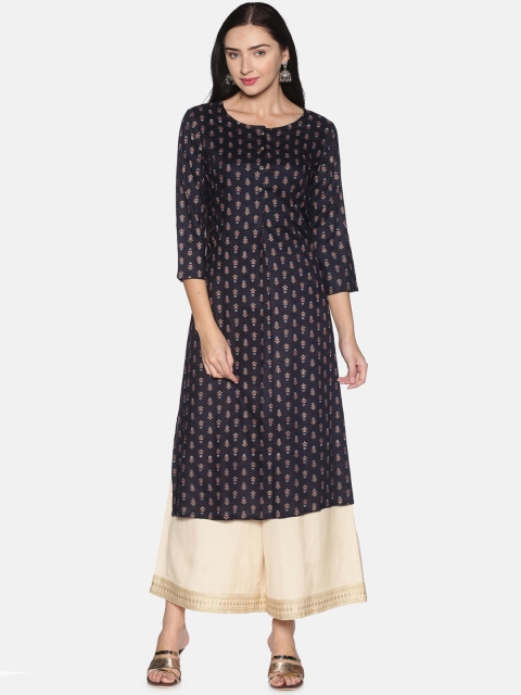

Saffron Threads Women Navy Blue Printed Pure Cotton Kurta with Palazzos