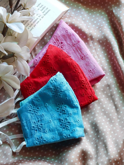 

Bellofox Adults Peach & Red Pack of 3 Embroidered 3-Ply Reusable Cotton Face Masks, Multi