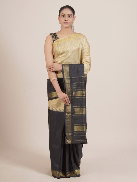 

Pothys Beige & Black Striped Pure Silk Kanjeevaram Saree