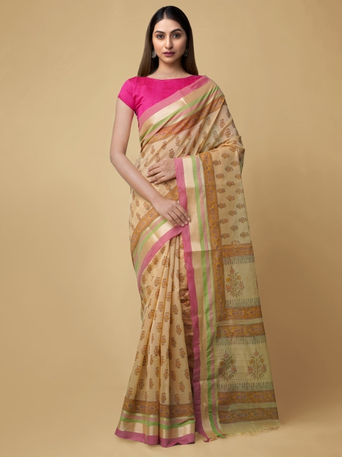 Unnati Silks Cream & Pink Floral Zari Silk Cotton Chanderi Saree