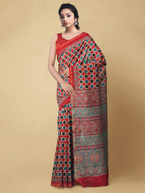 

Unnati Silks Red & Black Ethnic Motifs Silk Cotton Chanderi Saree