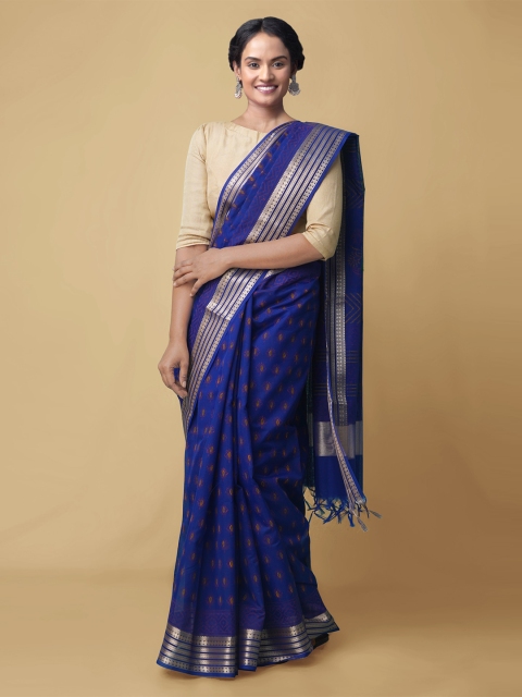 

Unnati Silks Blue & Brown Woven Design Zari Silk Cotton Chanderi Saree