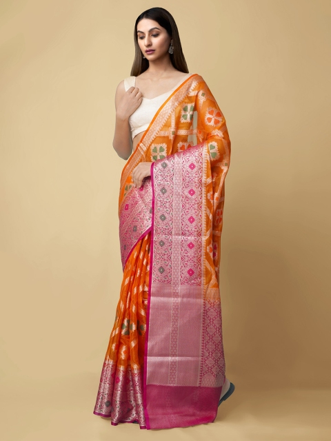 Unnati Silks Orange & Pink Woven Design Handloom Zari Silk Cotton Banarasi Saree